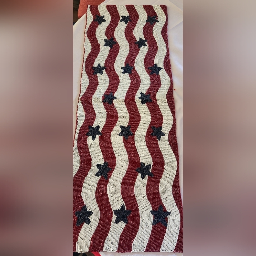 BNWT Pier 1 Patriotic Beaded Table Runner 36”x13” Stars & Stripes Hand Beaded